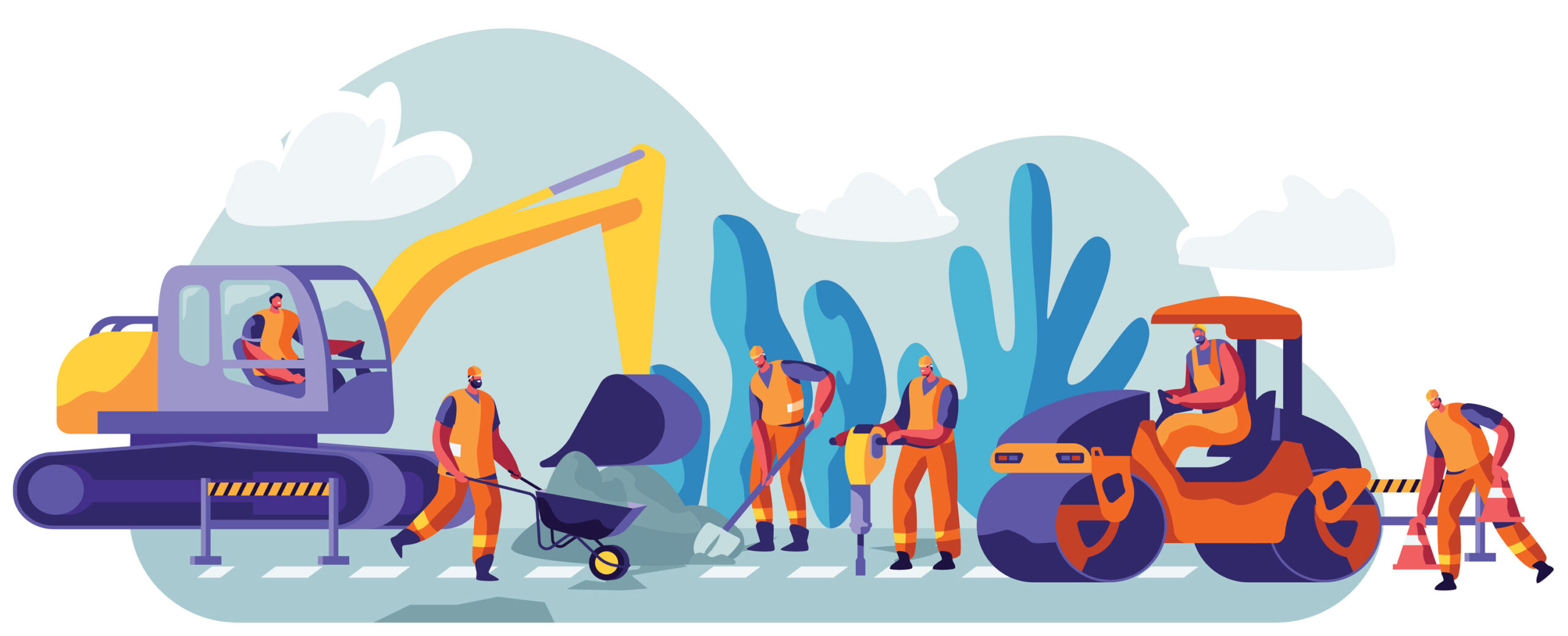 Illustration of road side workers ding construction on a road