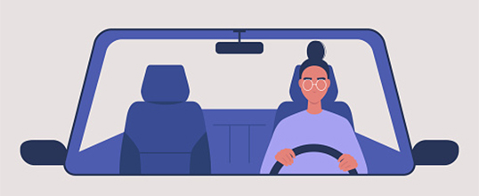 Illustration of a woman driving a blue car